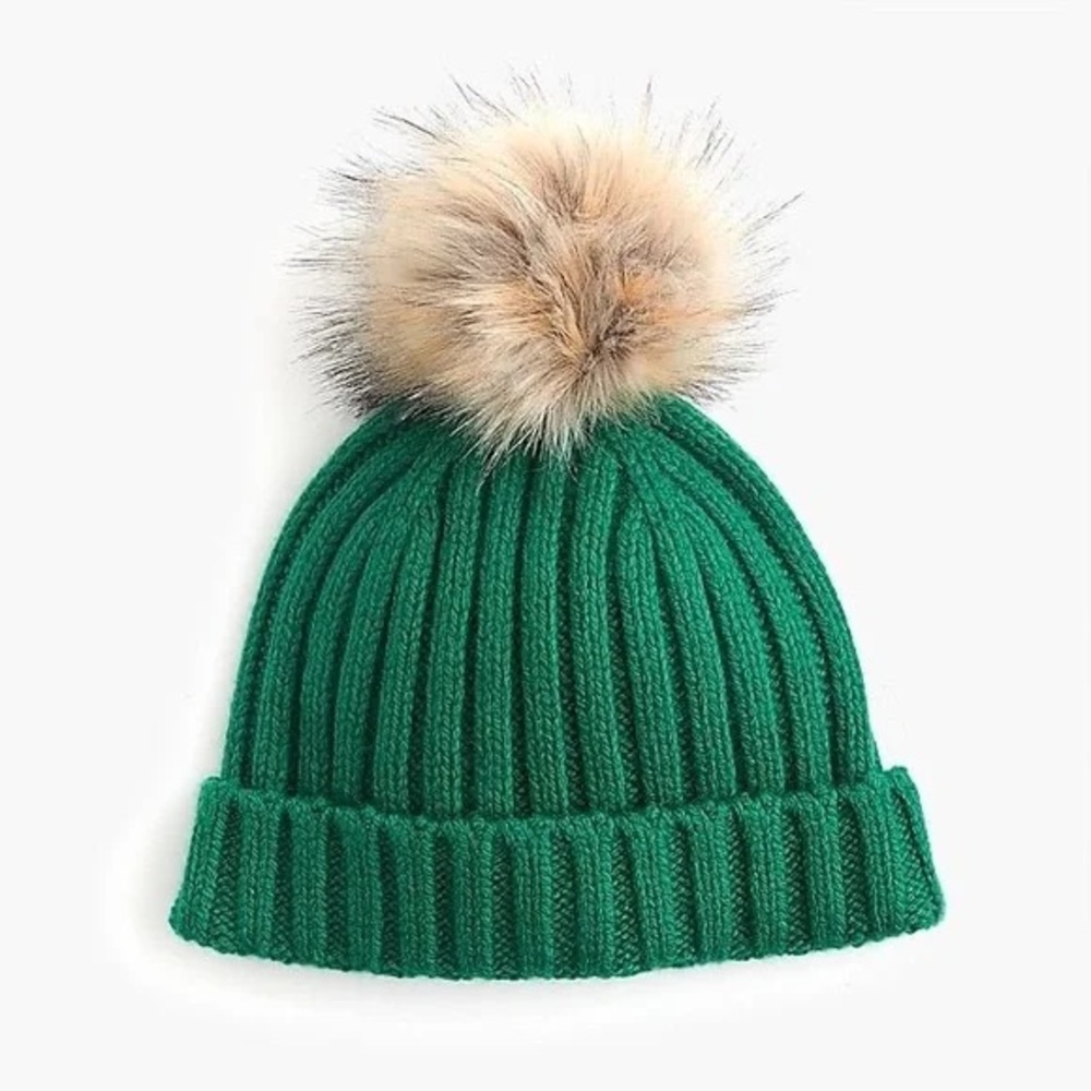 J. Crew Faux-Fur Pom-Pom Green Beanie